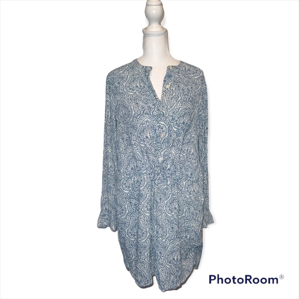 Final‎ Sale GAP Blue & White Paisley Long Sleeve Button Front Tunic Dress Womens